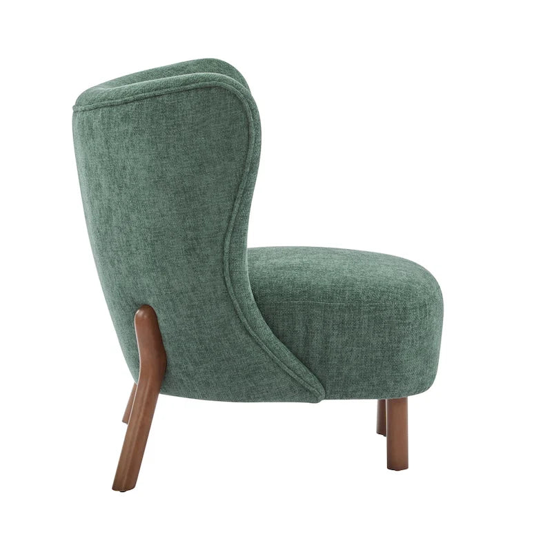 Moderne beklede armloze accentstoel met zachte zitting en frame van massief hout