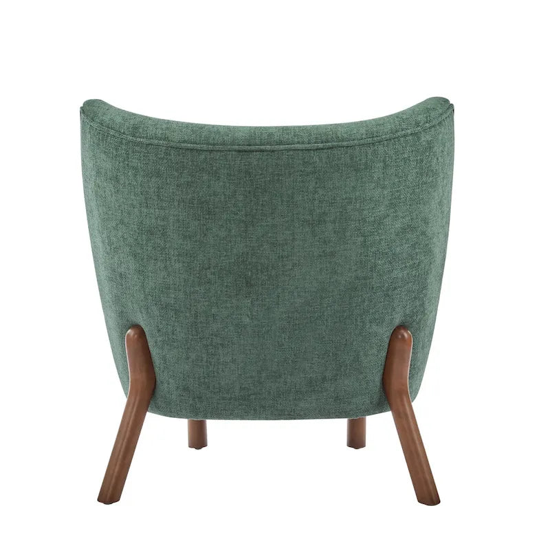 Moderne beklede armloze accentstoel met zachte zitting en frame van massief hout