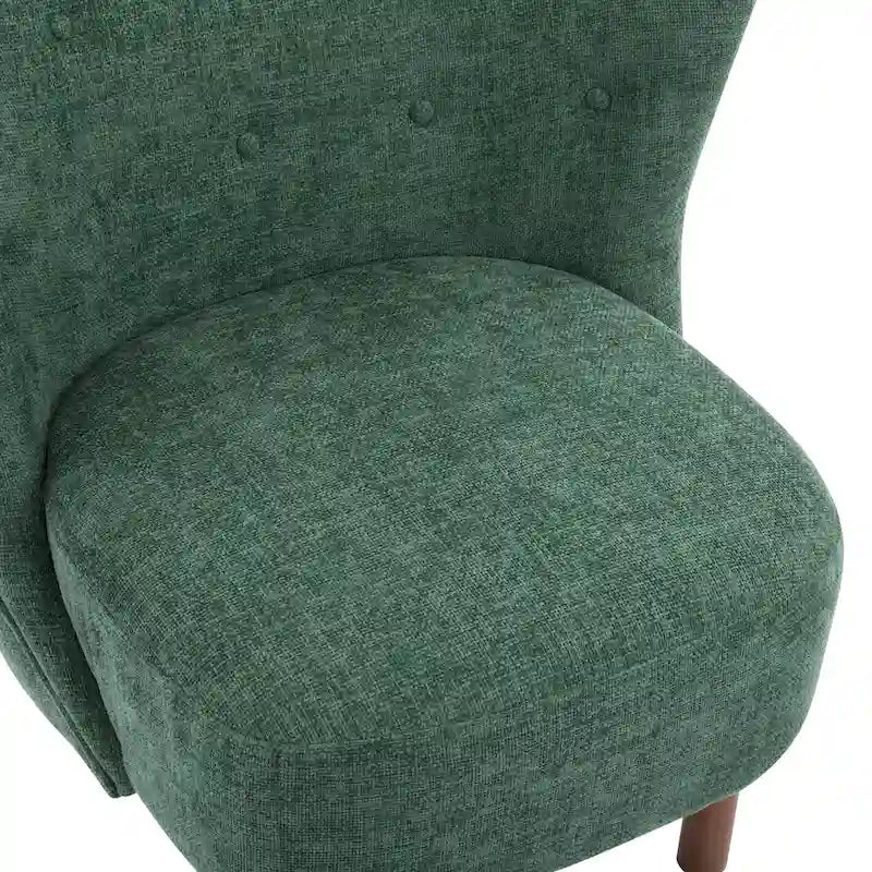 Moderne beklede armloze accentstoel met zachte zitting en frame van massief hout