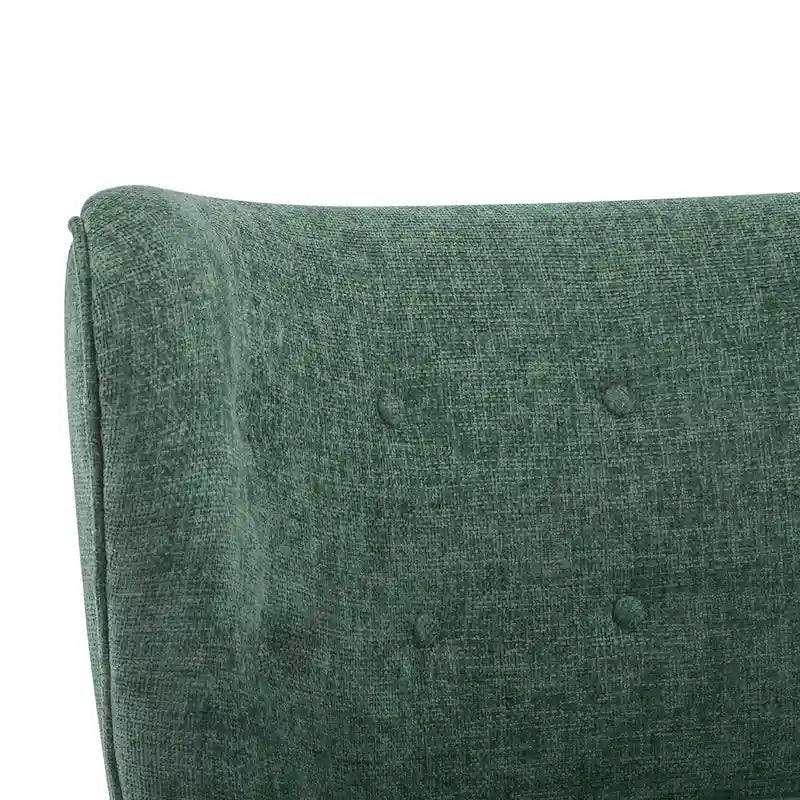 Moderne beklede armloze accentstoel met zachte zitting en frame van massief hout