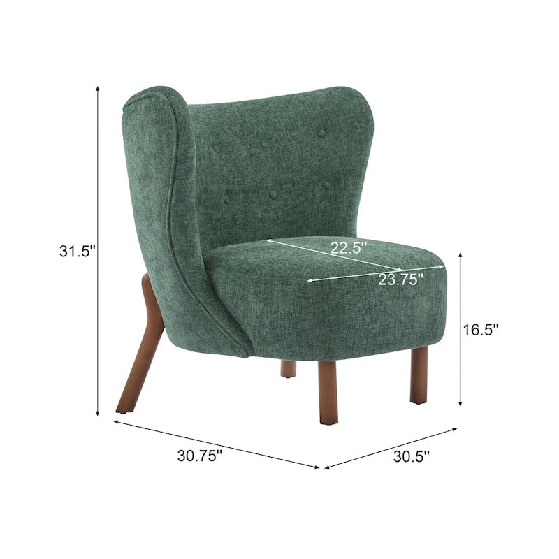 Moderne beklede armloze accentstoel met zachte zitting en frame van massief hout