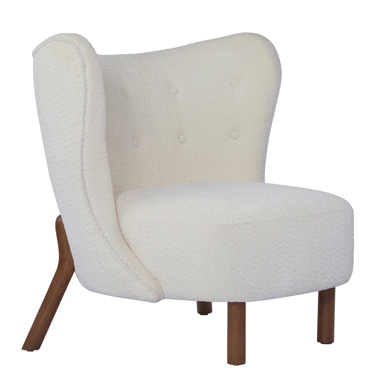 Moderne beklede armloze accentstoel met zachte zitting en frame van massief hout