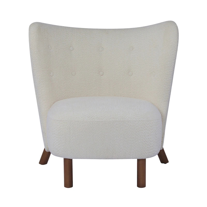 Moderne beklede armloze accentstoel met zachte zitting en frame van massief hout
