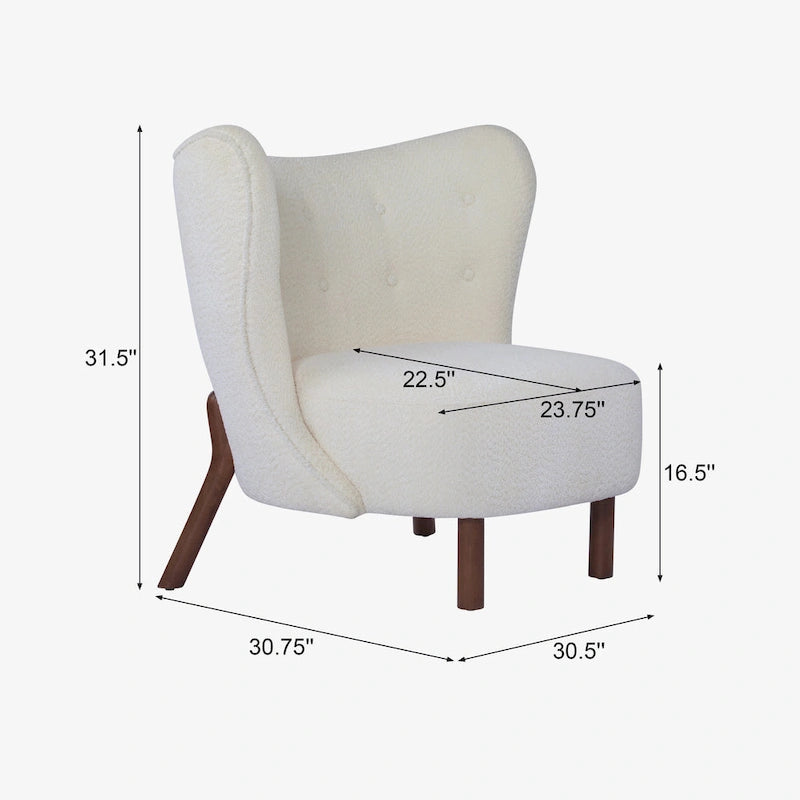 Moderne beklede armloze accentstoel met zachte zitting en frame van massief hout