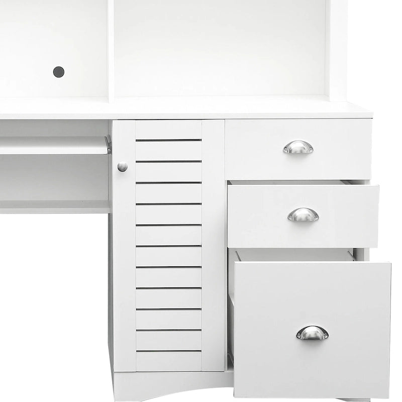 Modern Computer Desk with Hutch and 2 Tier Shelves and Drawers and Concealed Cabinet for Study and Bedroom or Living Room