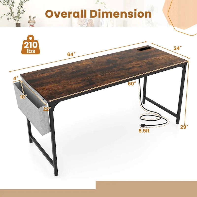 60" Modern Computer Desk with Charging Station and Storage