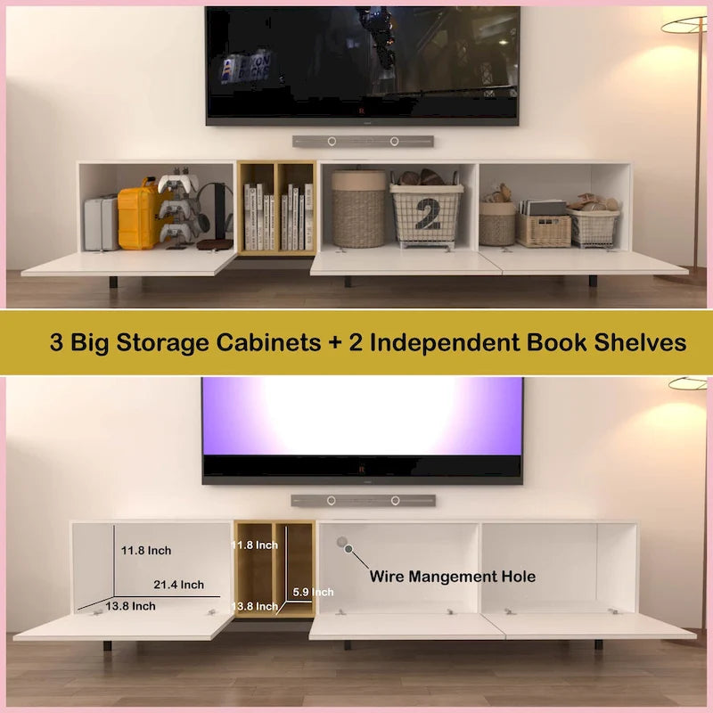 White 77 TV Console with Big Storage & Built-in Socket for TVs Up to 70