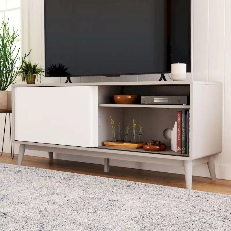 Mid Century Modern TV Stand for TVs up to 65" - Sliding Doors & Cable Management