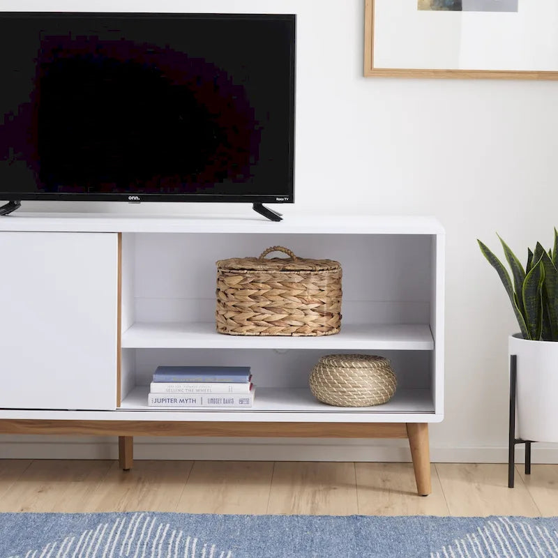 Mobile TV moderno di metà secolo per TV fino a 65" - Ante scorrevoli e gestione dei cavi