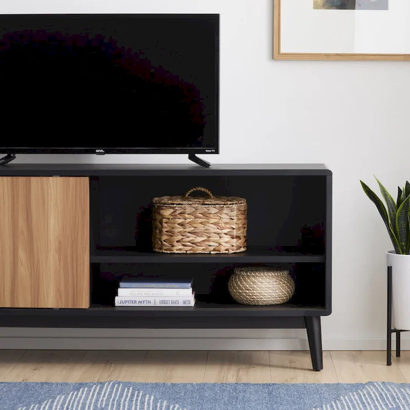 Mobile TV moderno di metà secolo per TV fino a 65" - Ante scorrevoli e gestione dei cavi
