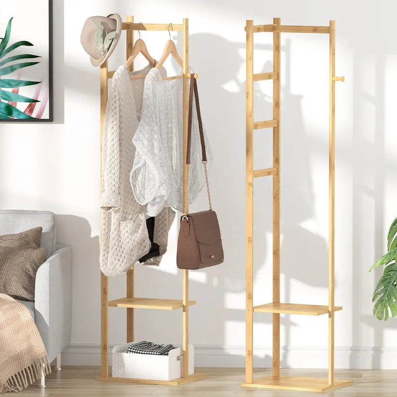 15 Wide Solid Wood Freestanding Coat Rack with Storage - Bamboo Color