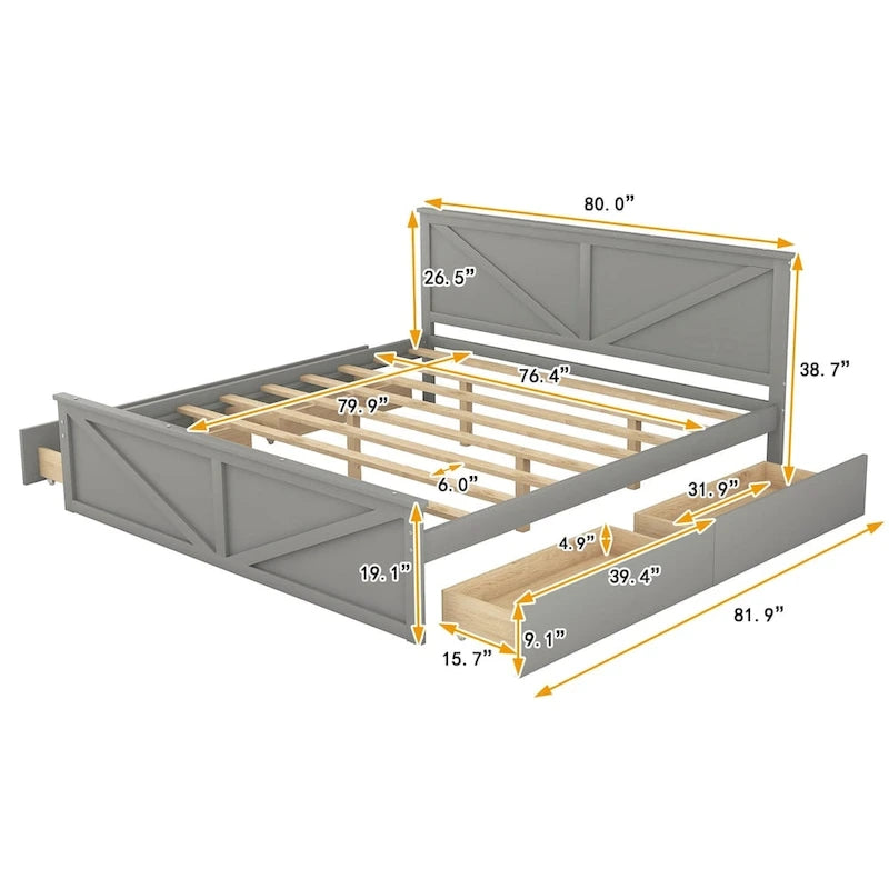 Wooden Platform Bed with Four Storage Drawers and Support Legs