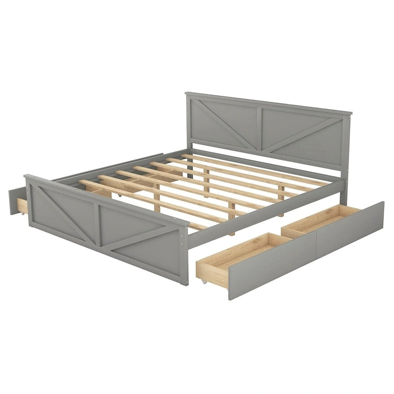 Wooden Platform Bed with Four Storage Drawers and Support Legs