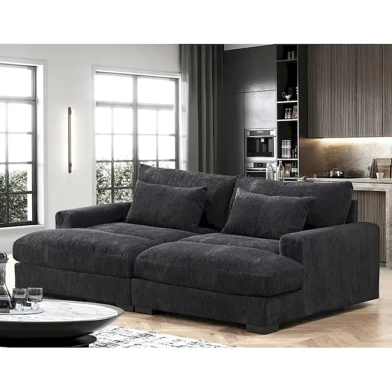 Luxusní rozkládací pohovka s měkkým manšestrovým čalouněním, design se dvěma lenoškami, rozložitelná na extra velkou postel velikosti Twin