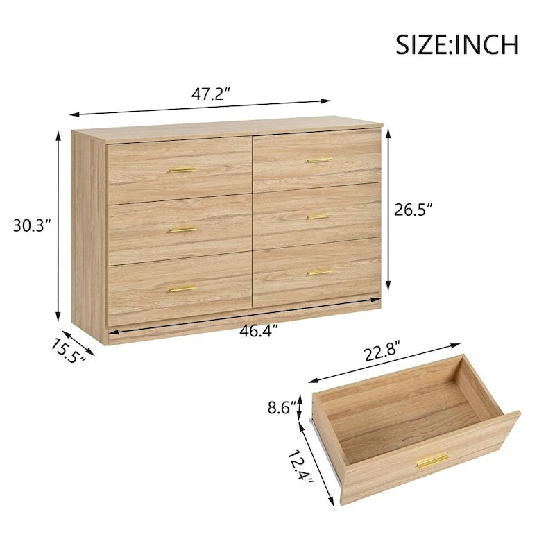 Modern 6-Drawer Dresser for Bedroom - Ample Storage Wide Chest of Drawers, Sturdy & Safe