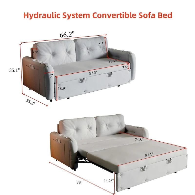 Queen Pull Out Sofa Bed with Storage and 2 Soft Pillows