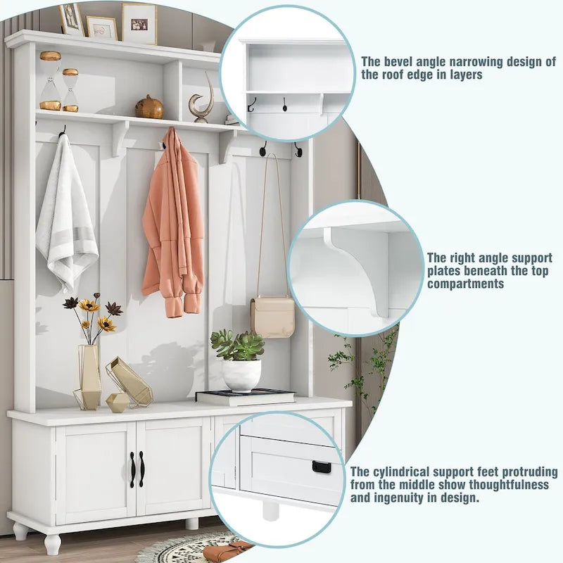 Modern Style Hall Tree with Storage Cabinet and 2 Large Drawers,Widen Mudroom Bench with 5 Coat Hooks