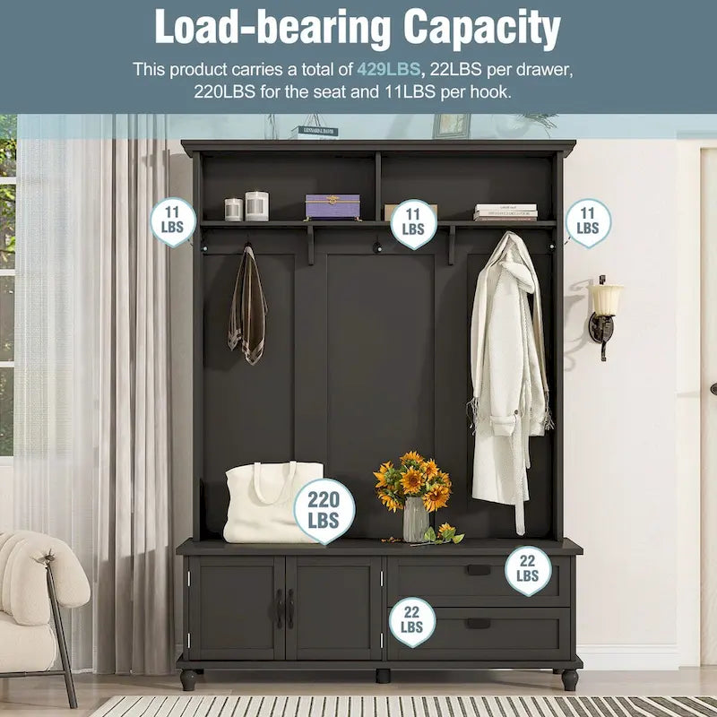 Modern Style Hall Tree with Storage Cabinet and 2 Large Drawers,Widen Mudroom Bench with 5 Coat Hooks