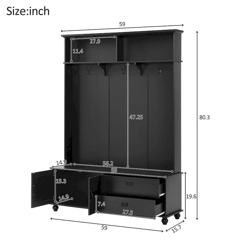 Modern Style Hall Tree with Storage Cabinet and 2 Large Drawers,Widen Mudroom Bench with 5 Coat Hooks
