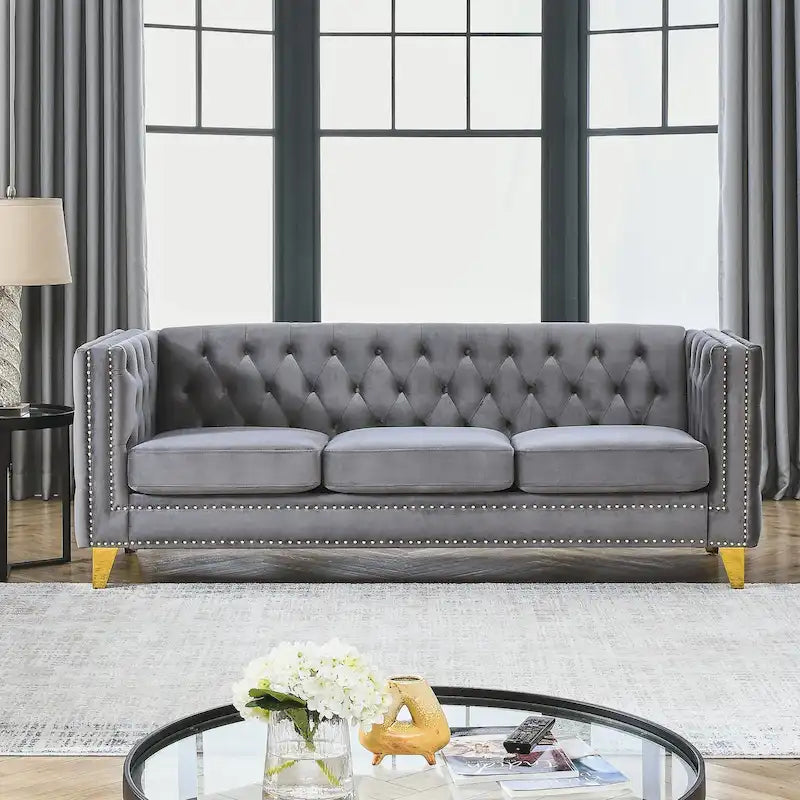 Velvet Tufted Sofa with Square Arms and Metal Legs
