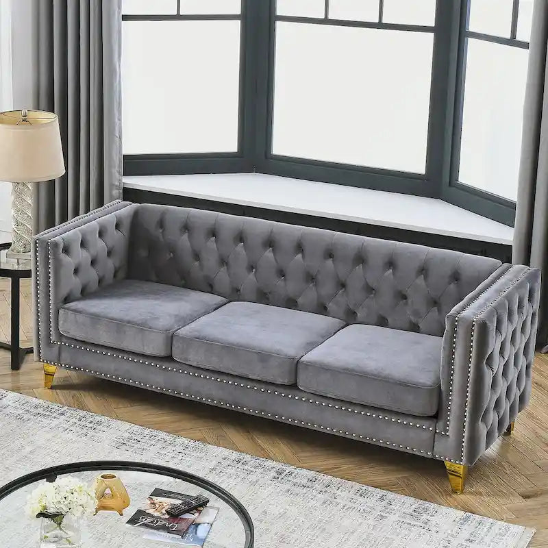 Velvet Tufted Sofa with Square Arms and Metal Legs