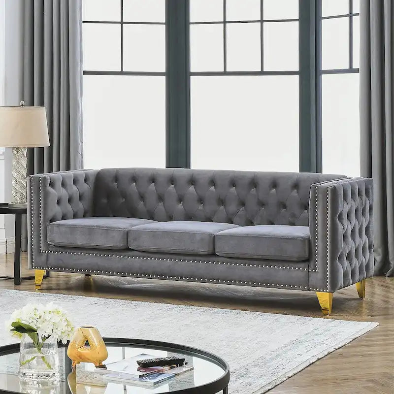 Velvet Tufted Sofa with Square Arms and Metal Legs