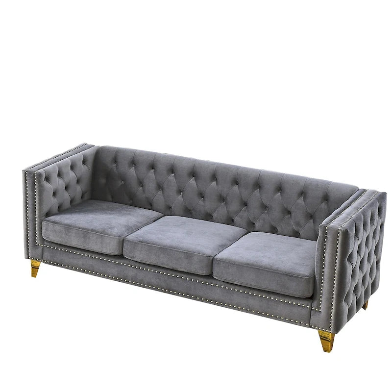 Velvet Tufted Sofa with Square Arms and Metal Legs