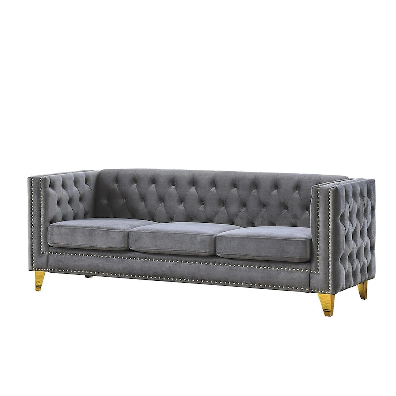 Velvet Tufted Sofa with Square Arms and Metal Legs