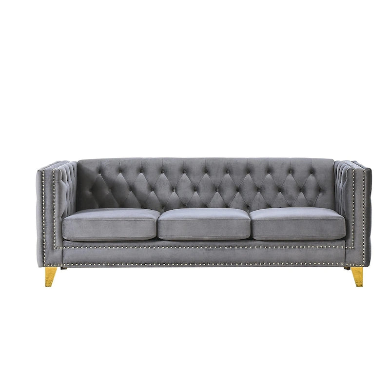 Velvet Tufted Sofa with Square Arms and Metal Legs