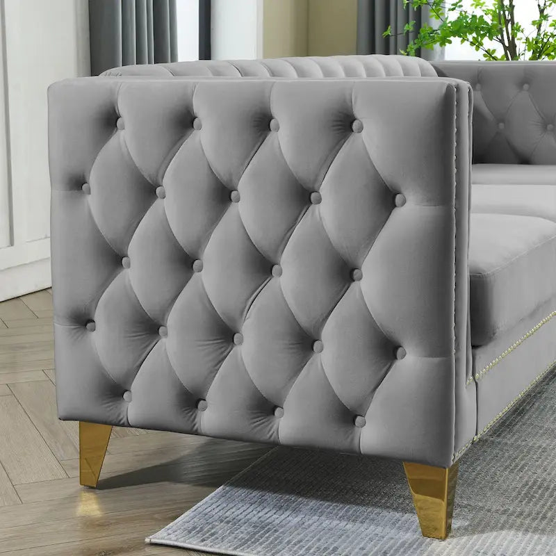 Velvet Tufted Sofa with Square Arms and Metal Legs