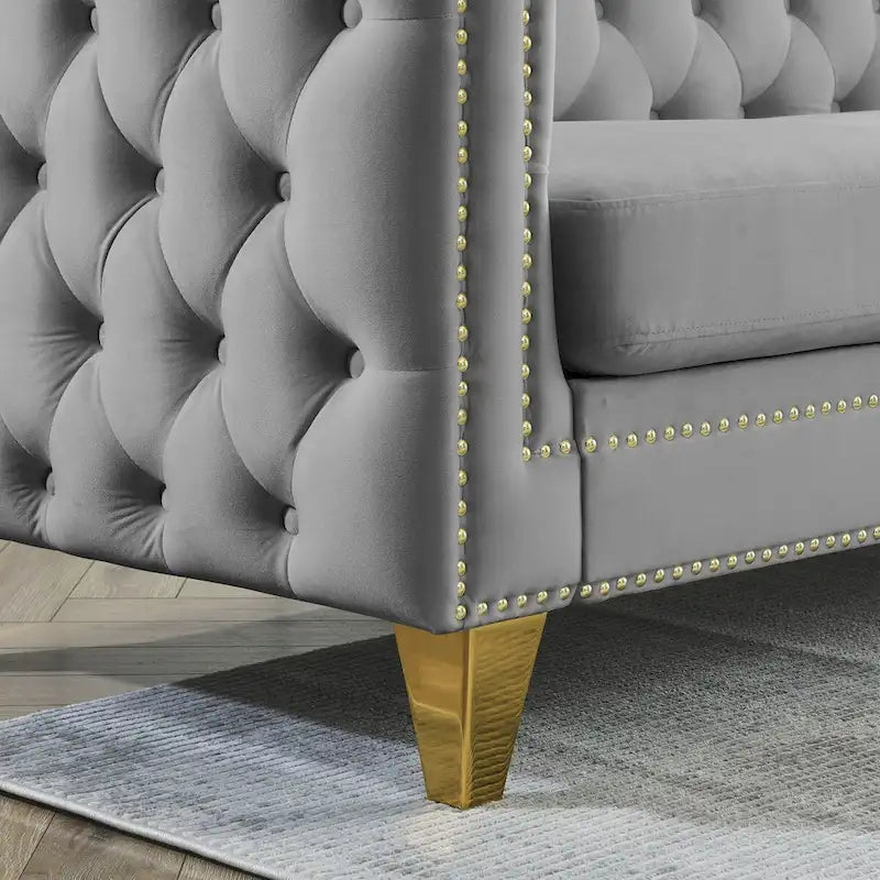 Velvet Tufted Sofa with Square Arms and Metal Legs
