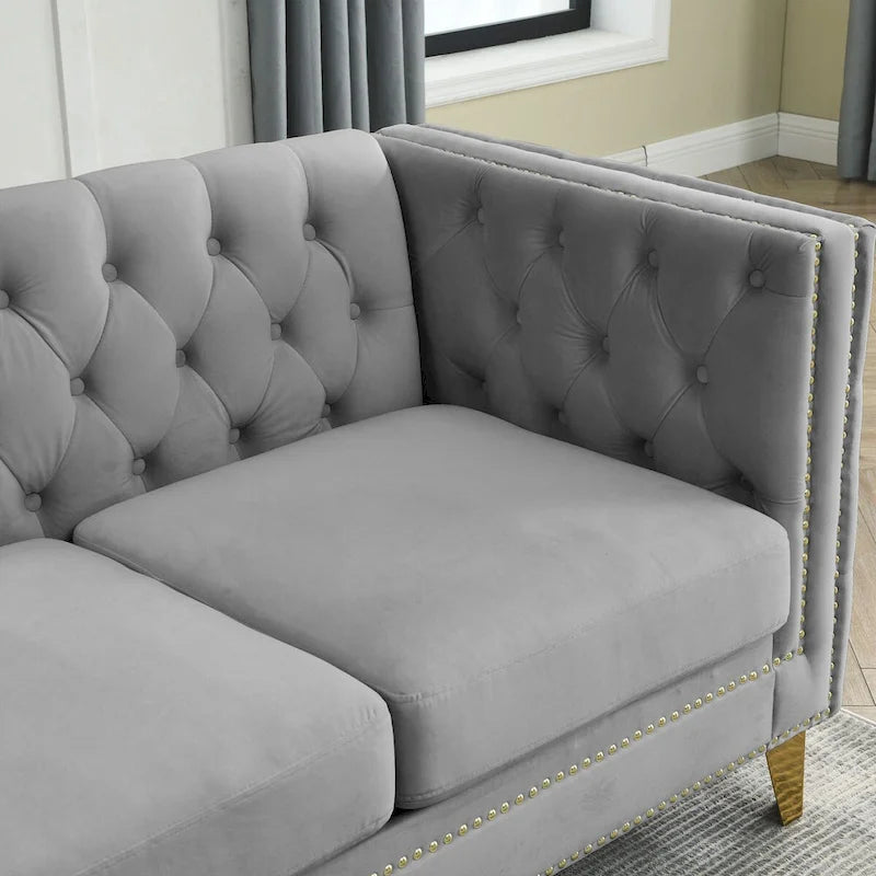 Velvet Tufted Sofa with Square Arms and Metal Legs