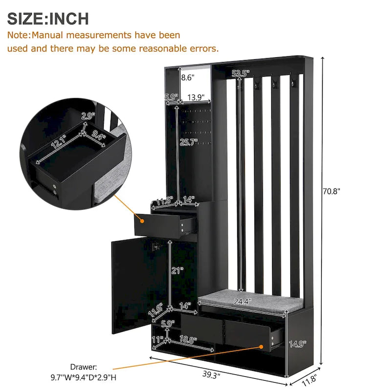 39.3Wx70.8H Hall Tree Storage with Cushioned Storage Bench,Multifunctional Hallway Shoe Cabinet,Pegboard,Coat Rack,4 Hooks