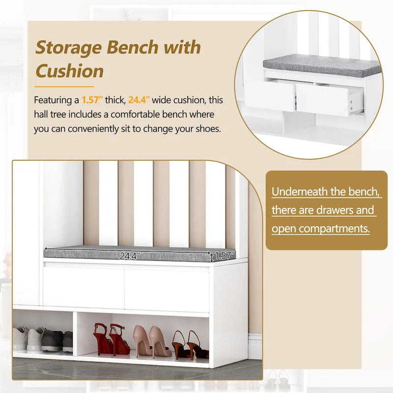 39.3Wx70.8H Hall Tree Storage with Cushioned Storage Bench,Multifunctional Hallway Shoe Cabinet,Pegboard,Coat Rack,4 Hooks