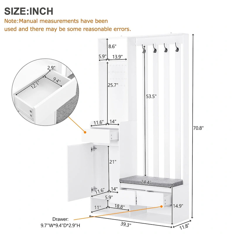 39.3Wx70.8H Hall Tree Storage with Cushioned Storage Bench,Multifunctional Hallway Shoe Cabinet,Pegboard,Coat Rack,4 Hooks
