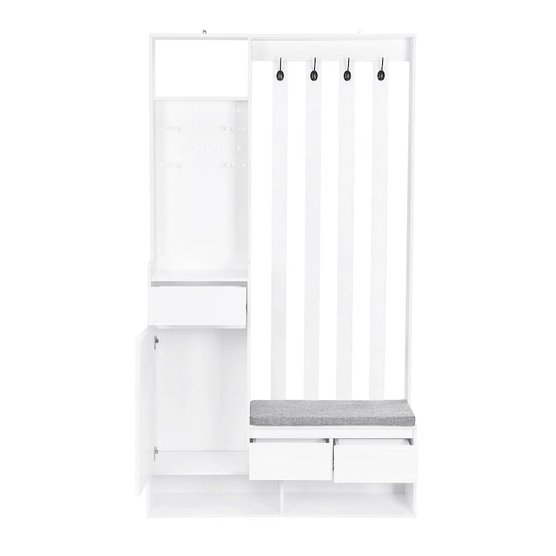 39.3Wx70.8H Hall Tree Storage with Cushioned Storage Bench,Multifunctional Hallway Shoe Cabinet,Pegboard,Coat Rack,4 Hooks