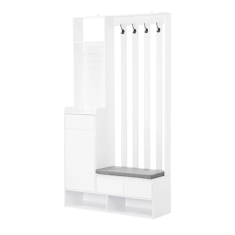 39.3Wx70.8H Hall Tree Storage with Cushioned Storage Bench,Multifunctional Hallway Shoe Cabinet,Pegboard,Coat Rack,4 Hooks