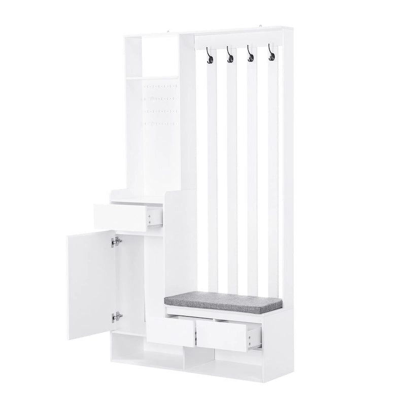 39.3Wx70.8H Hall Tree Storage with Cushioned Storage Bench,Multifunctional Hallway Shoe Cabinet,Pegboard,Coat Rack,4 Hooks