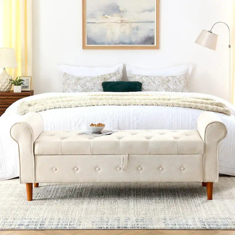 Panca contenitore da camera da letto da 62 con bottoni trapuntati, pouf moderno rivestito in tessuto, panca da finestra, design con braccioli arrotolati per camera da letto