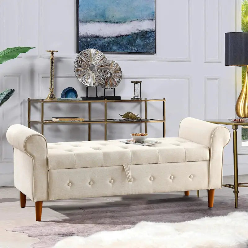 Panca contenitore da camera da letto da 62 con bottoni trapuntati, pouf moderno rivestito in tessuto, panca da finestra, design con braccioli arrotolati per camera da letto