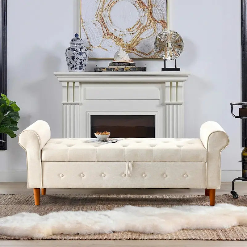 Panca contenitore da camera da letto da 62 con bottoni trapuntati, pouf moderno rivestito in tessuto, panca da finestra, design con braccioli arrotolati per camera da letto