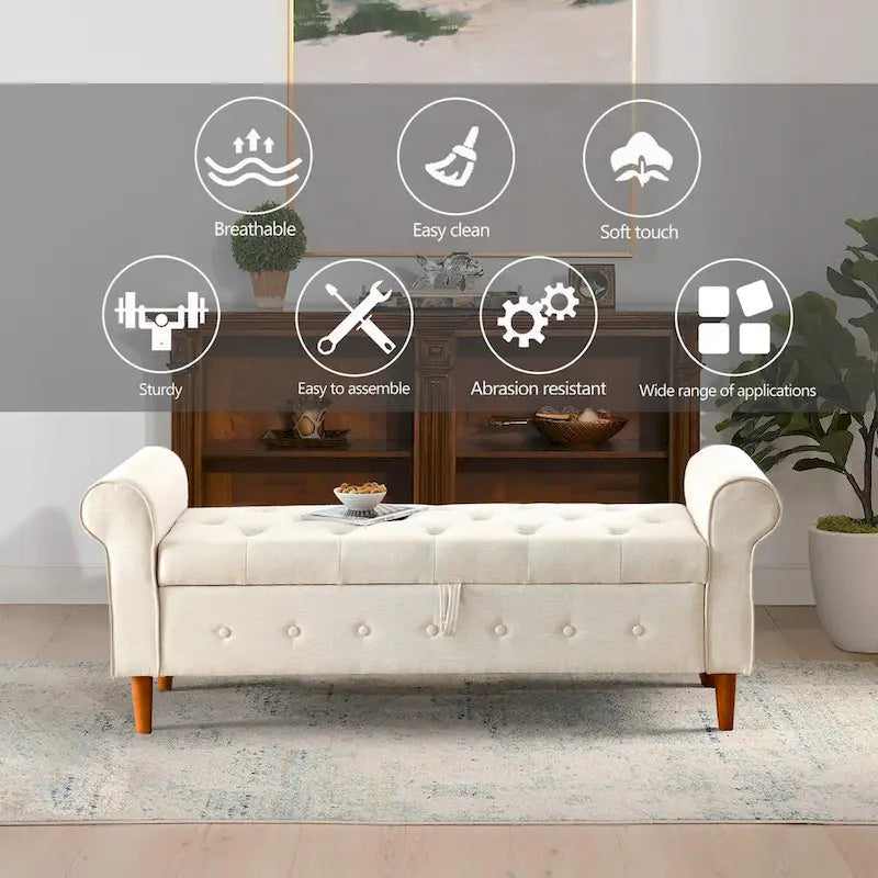 Panca contenitore da camera da letto da 62 con bottoni trapuntati, pouf moderno rivestito in tessuto, panca da finestra, design con braccioli arrotolati per camera da letto