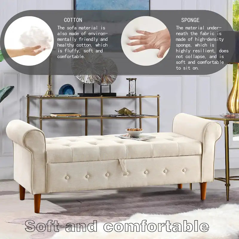 Panca contenitore da camera da letto da 62 con bottoni trapuntati, pouf moderno rivestito in tessuto, panca da finestra, design con braccioli arrotolati per camera da letto