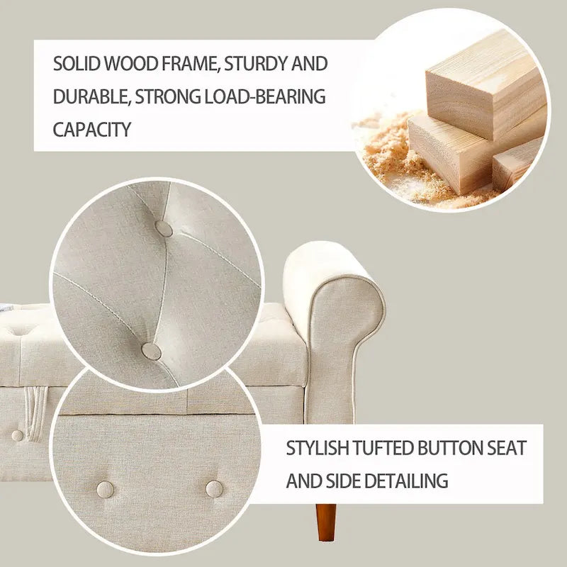 Panca contenitore da camera da letto da 62 con bottoni trapuntati, pouf moderno rivestito in tessuto, panca da finestra, design con braccioli arrotolati per camera da letto