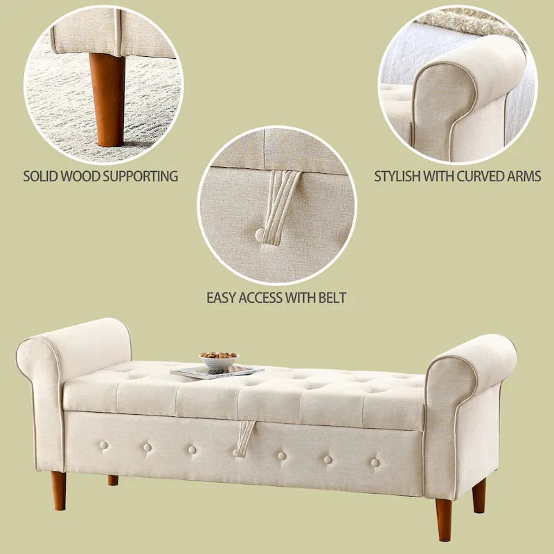 Panca contenitore da camera da letto da 62 con bottoni trapuntati, pouf moderno rivestito in tessuto, panca da finestra, design con braccioli arrotolati per camera da letto
