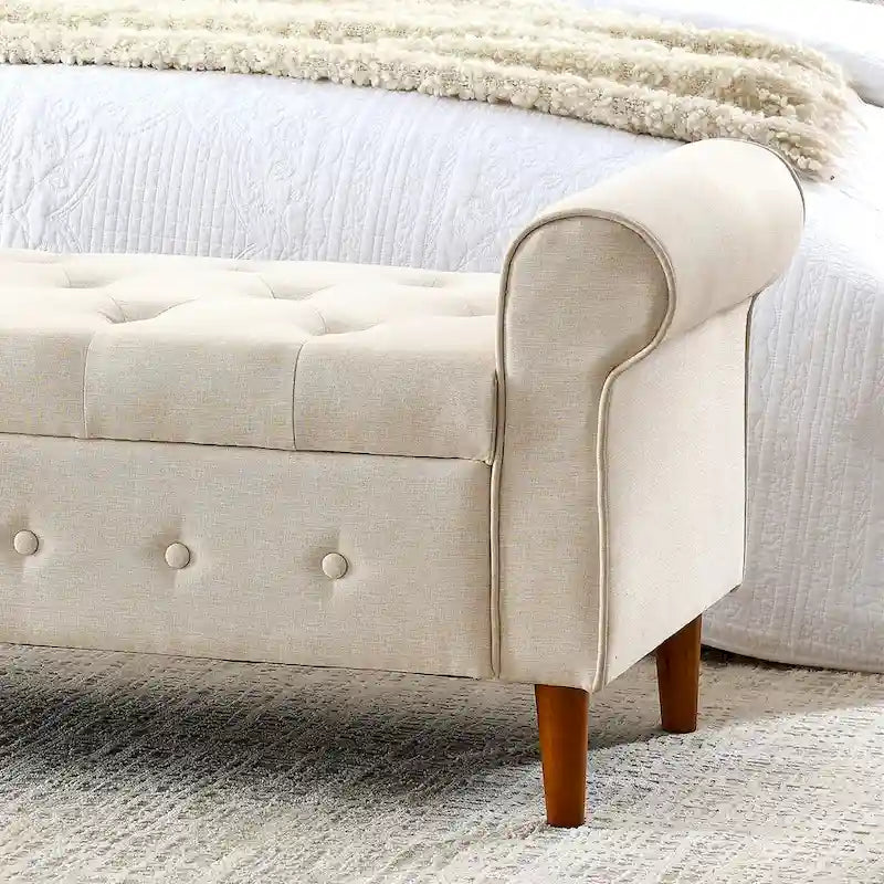 Panca contenitore da camera da letto da 62 con bottoni trapuntati, pouf moderno rivestito in tessuto, panca da finestra, design con braccioli arrotolati per camera da letto
