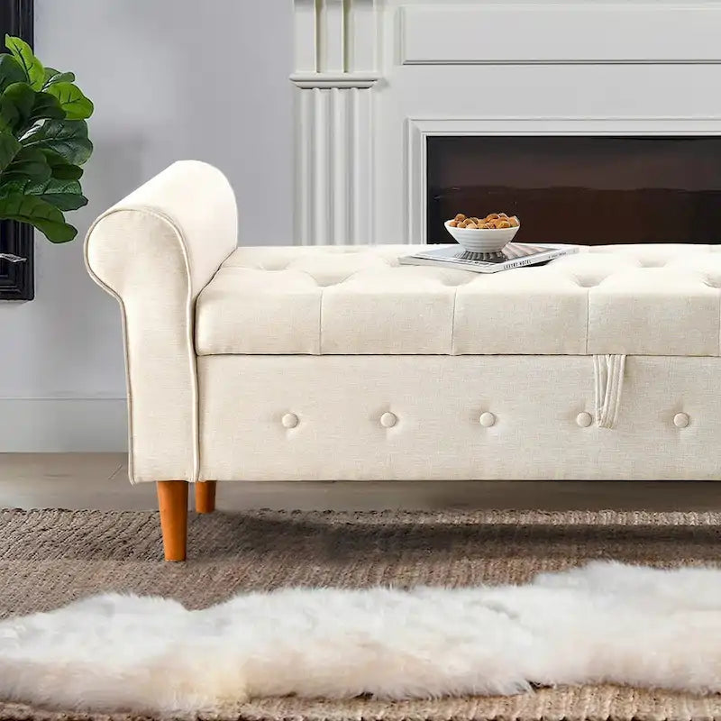 Panca contenitore da camera da letto da 62 con bottoni trapuntati, pouf moderno rivestito in tessuto, panca da finestra, design con braccioli arrotolati per camera da letto