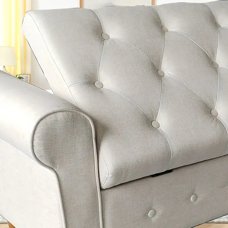 Panca contenitore da camera da letto da 62 con bottoni trapuntati, pouf moderno rivestito in tessuto, panca da finestra, design con braccioli arrotolati per camera da letto