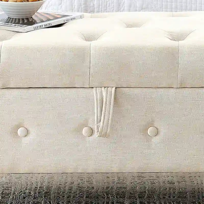 Panca contenitore da camera da letto da 62 con bottoni trapuntati, pouf moderno rivestito in tessuto, panca da finestra, design con braccioli arrotolati per camera da letto