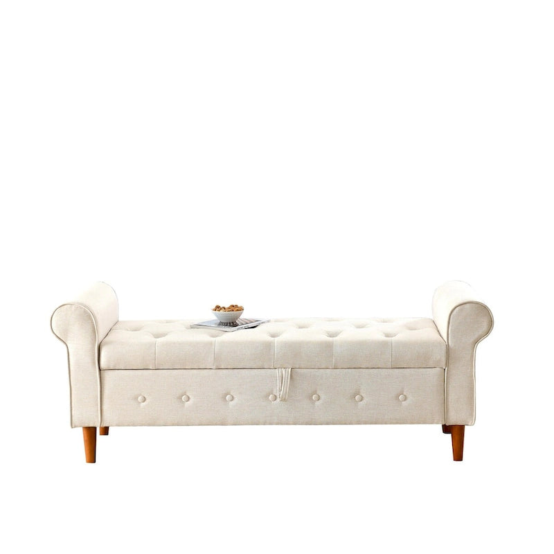 Panca contenitore da camera da letto da 62 con bottoni trapuntati, pouf moderno rivestito in tessuto, panca da finestra, design con braccioli arrotolati per camera da letto